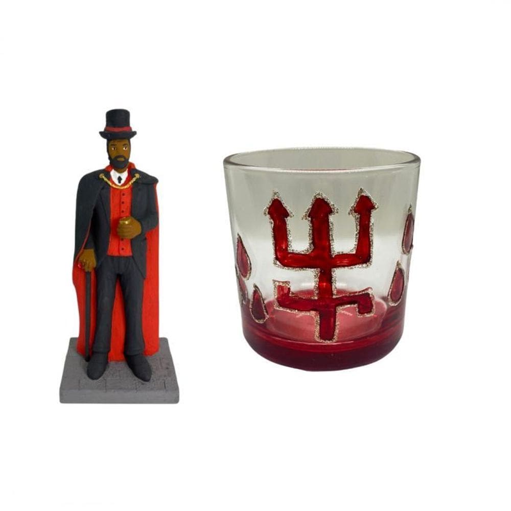 Kit Escultura Exu Cartola 15 Cm Resina + Copo Whisky