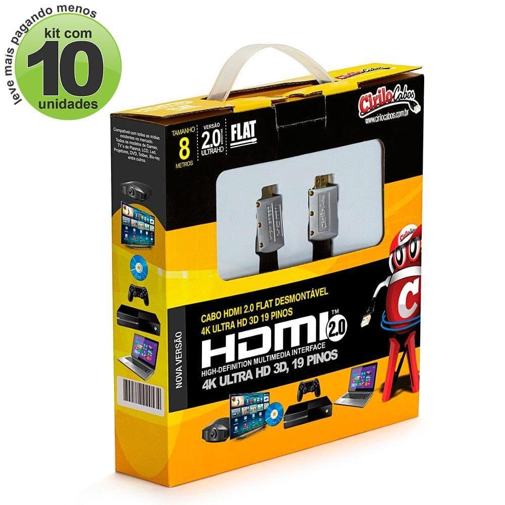 Cabos Hdmi 2.0 Flat Desmontável - 8 Mt Kit Com 10