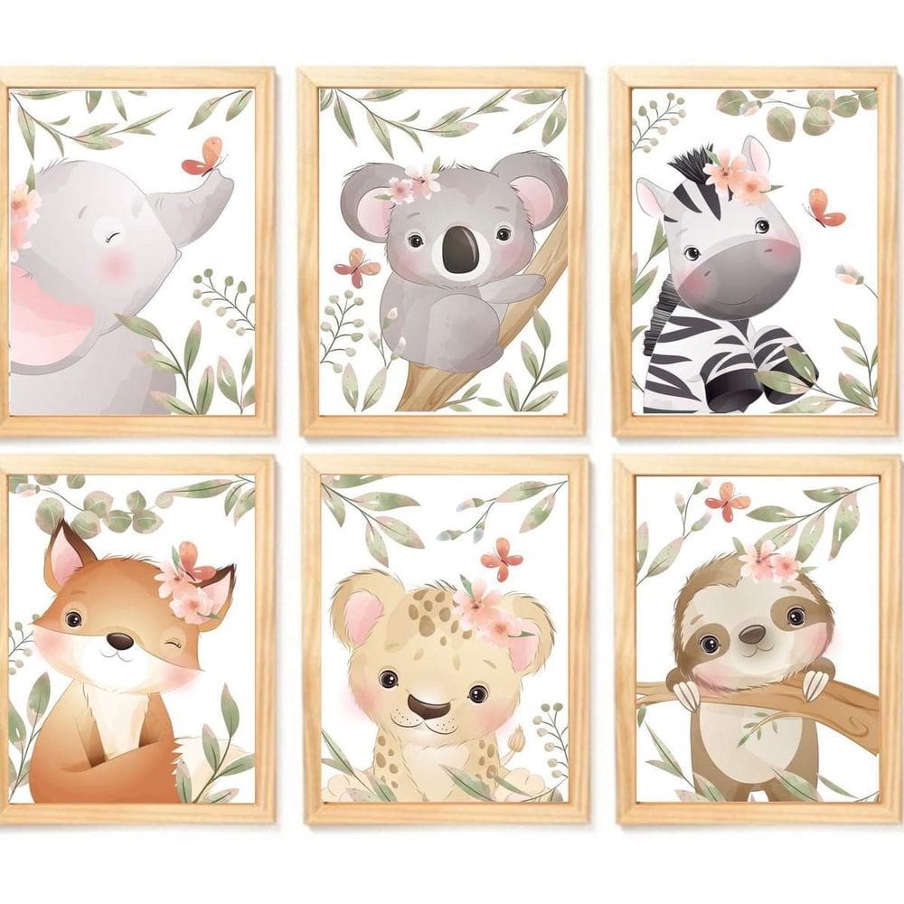 Quadro Infantil Safari Menina 6 Un A4 Vidro E Pendurador