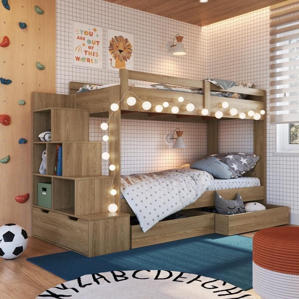 Cama Beliche Infantil Bicama Menino Menina 2,32m Com Escada, Nichos E Gavetas Com Rodas Aveiro Oak