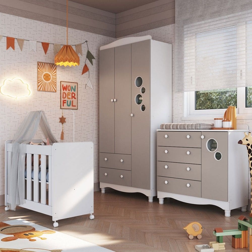 Quarto de Bebê Completo Aquarela 4 em 1 com Colchão Cinnamon/Branco - Pnr Móveis