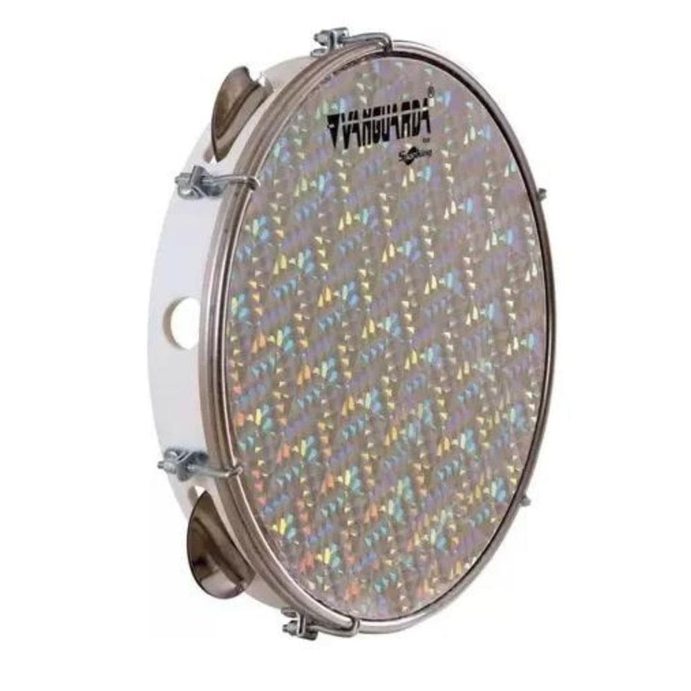 Pandeiro 10 Abs Branco Pele Holográfica Prata Vanguarda