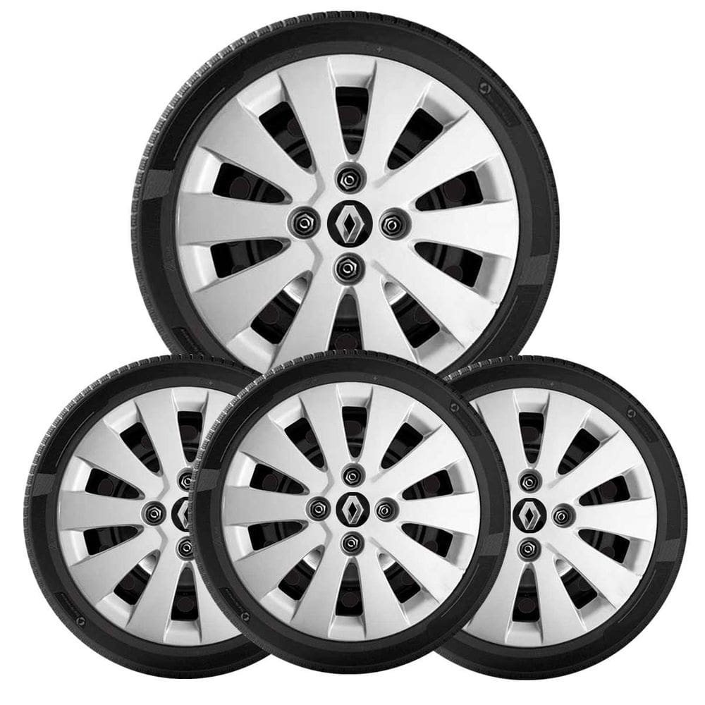 4X Calota Sandero Clio E Logan Aro 14 Prata Com Emblema