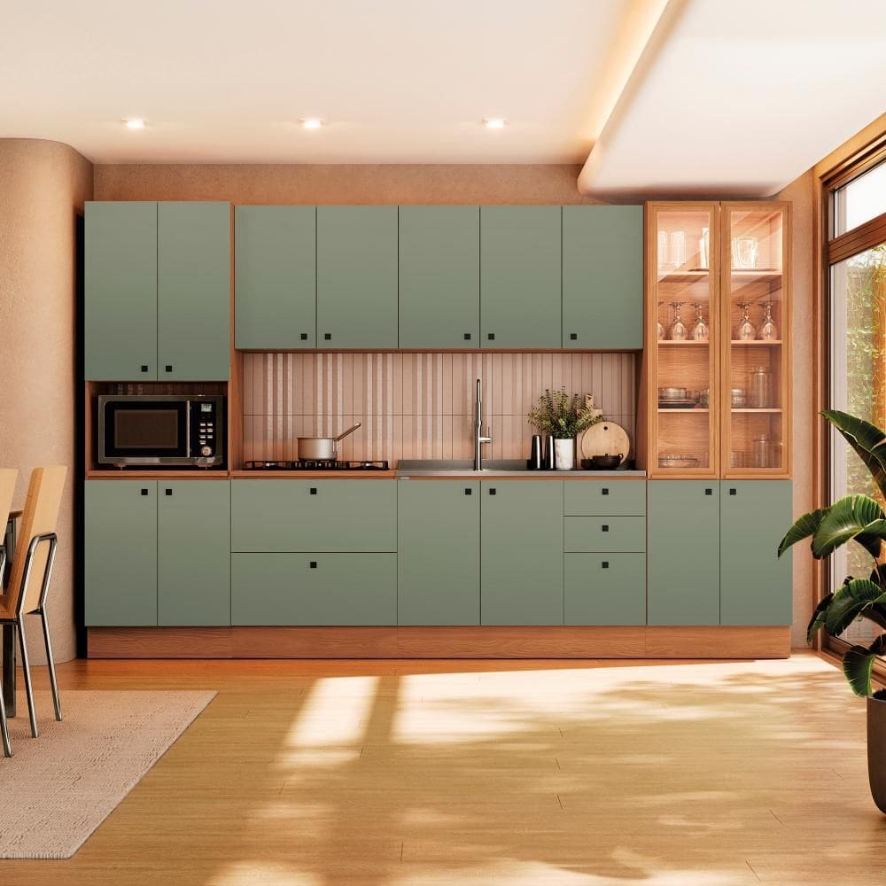 Cozinha Modulada Pixel Kappesberg 100% MDP Canela/Verde Frevo 340cm