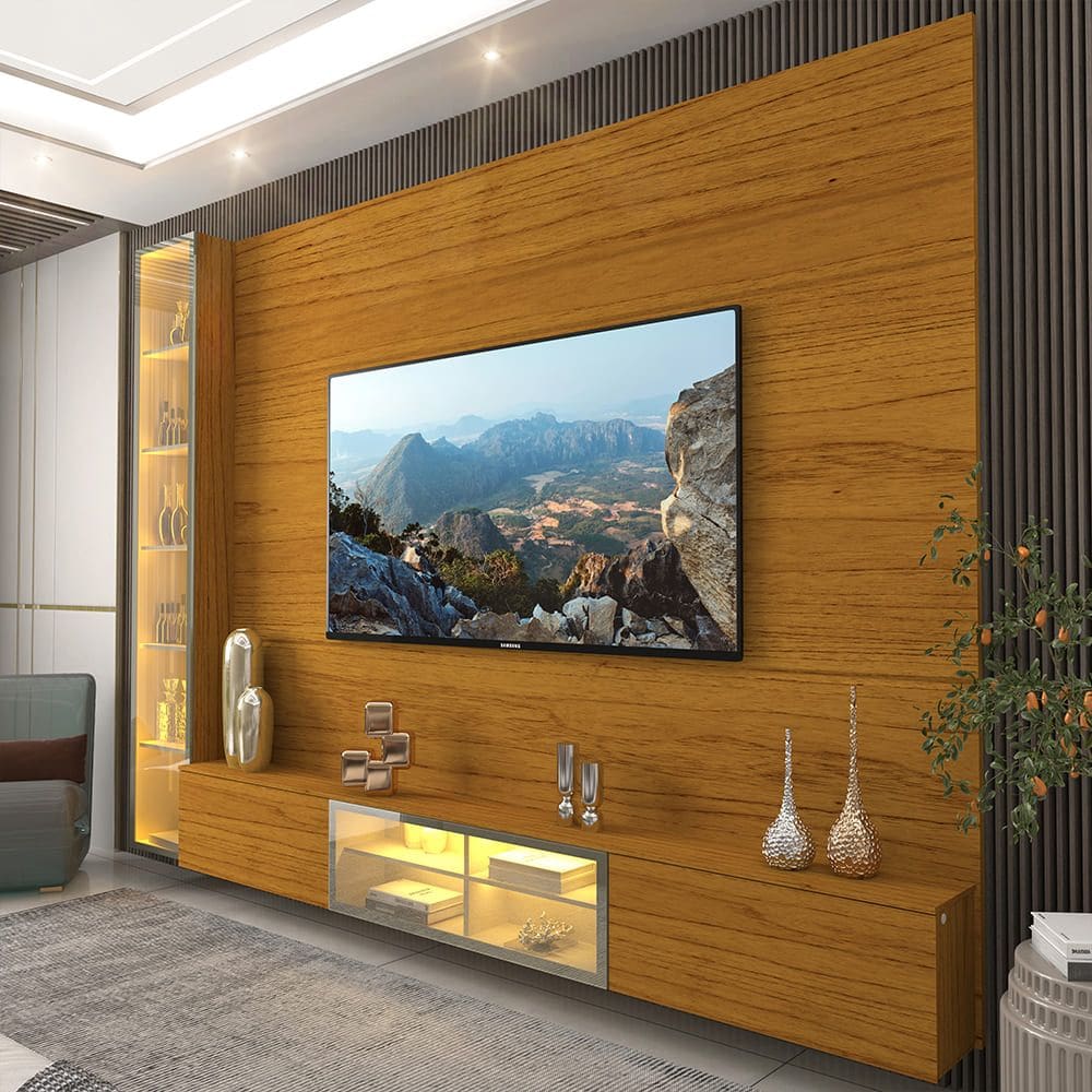 Home Tv Até 85 Luminare Led Vidro Cristaleira Reflecta Mdf Naturale - Gelius