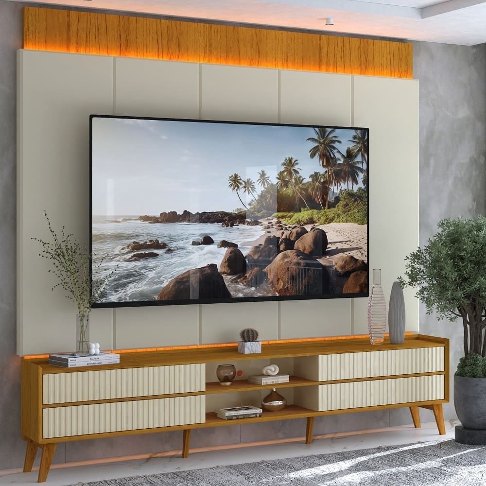 Rack Com Painel Tv Até 75 Led Mdf Pés Magnífico Naturale - Gelius