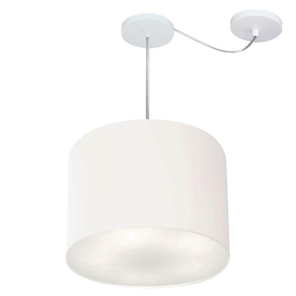Lustre Pendente Cilíndrico Com Desvio Md-4237 Cúpula Em Tecido 40x30cm Branco - Bivolt