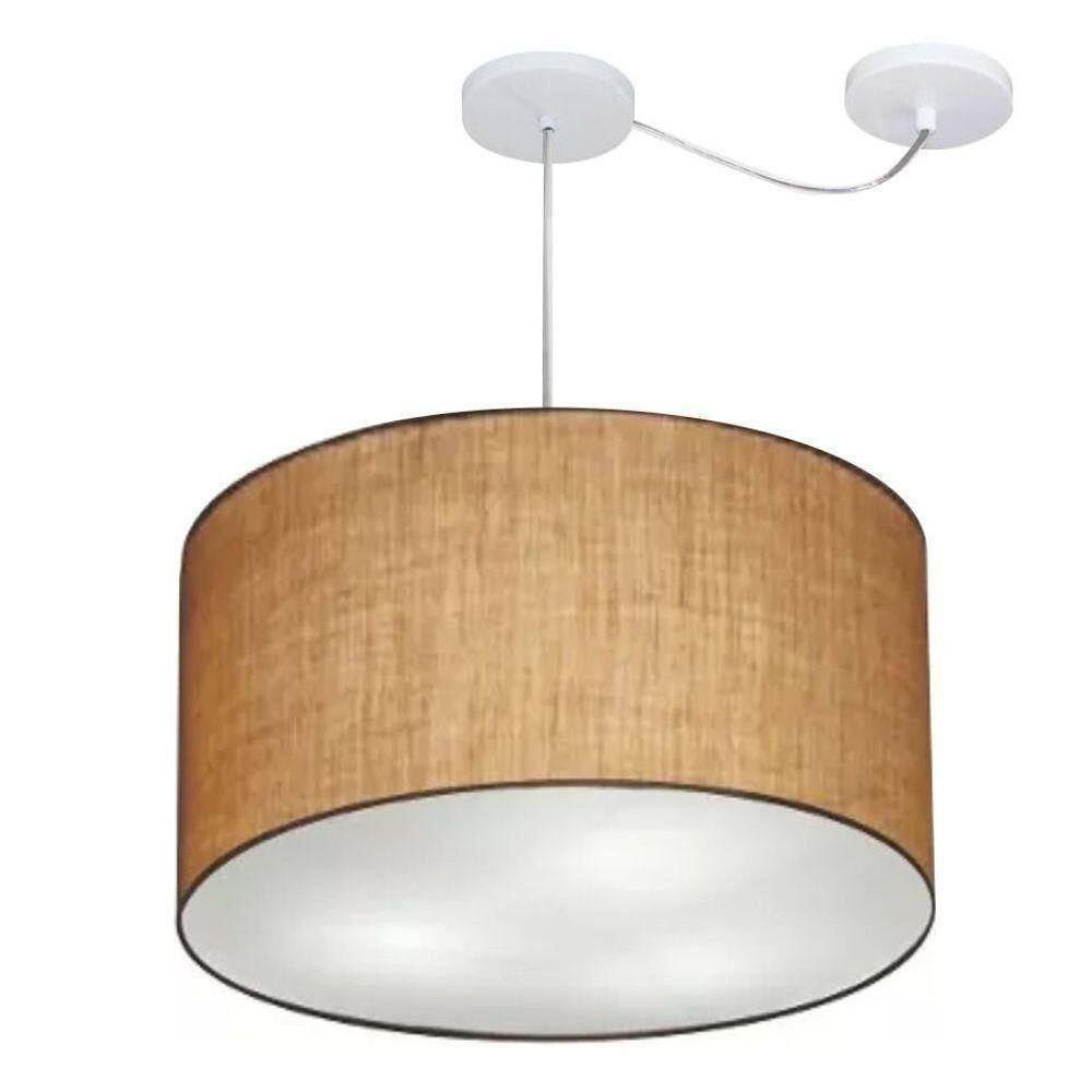 Lustre Pendente Cilíndrico Com Desvio Md-4239 Cúpula Em Tecido 45x30cm Palha - Bivolt