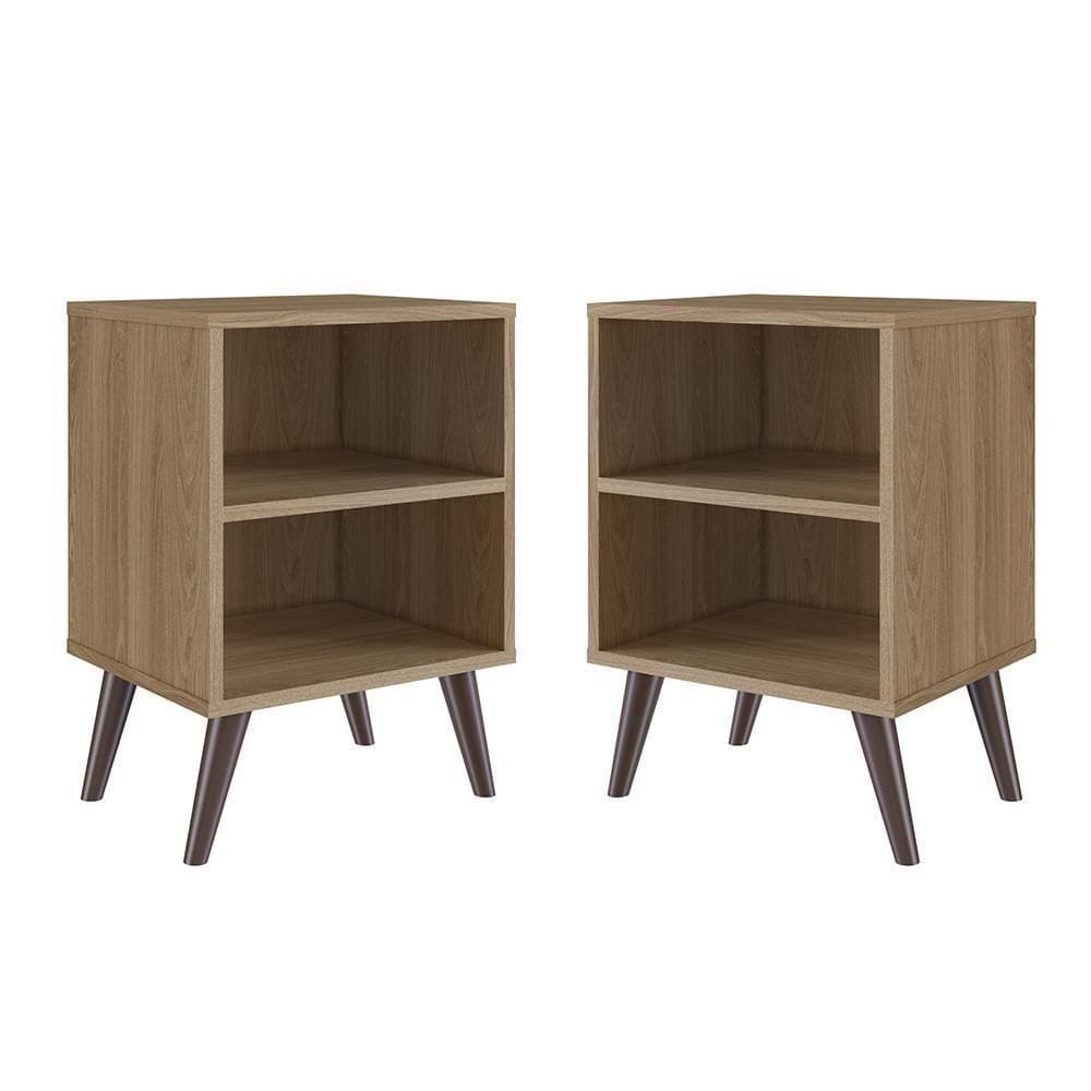 Kit 02 Mesa De Cabeceira Nicho 39cm Com Prateleira E Pés Palito Retrô Oak