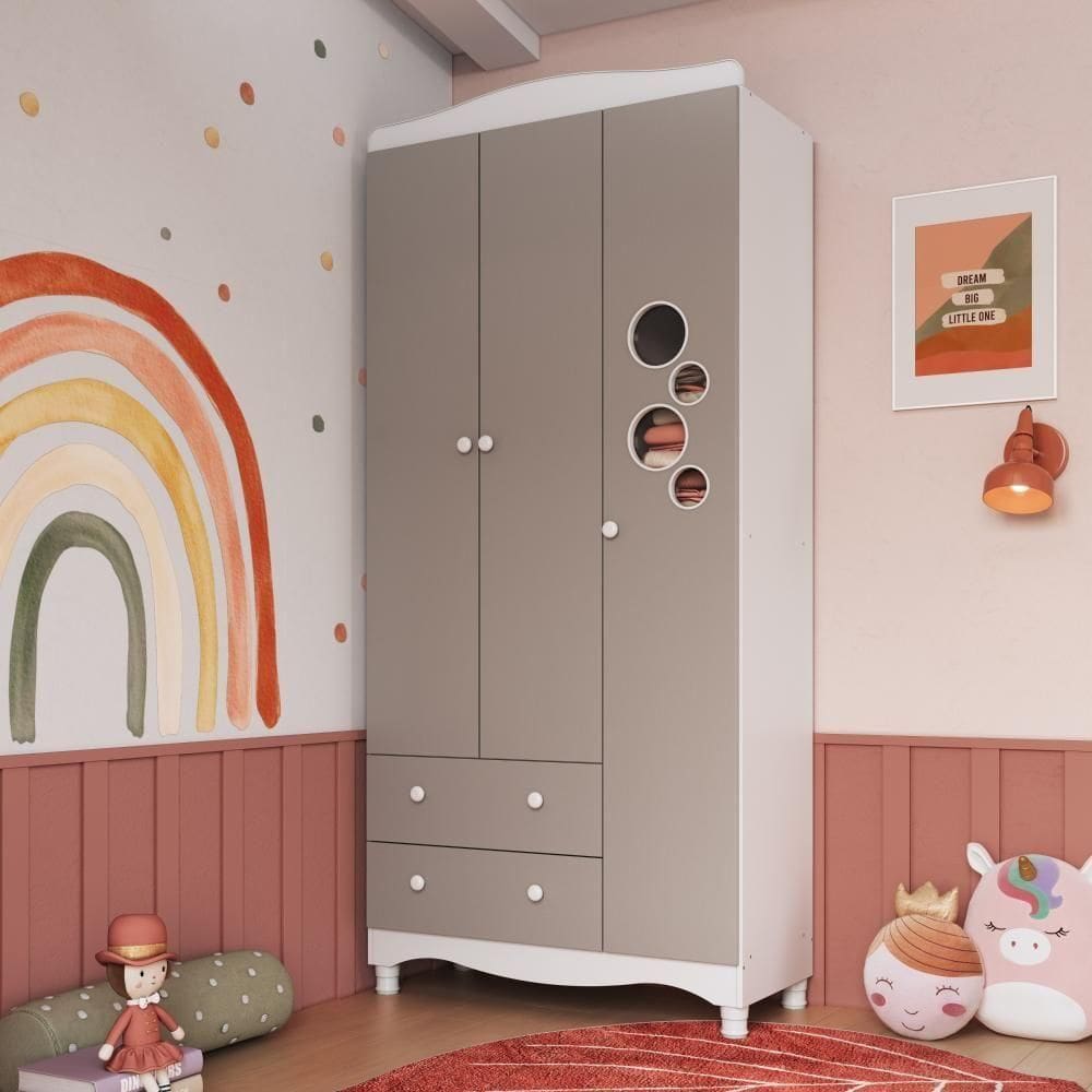 Guarda-roupa Infantil 3 Portas E 2 Gavetas Com Nichos E Cabideiro Para Quarto De Bebê Branco Com Cinnamon