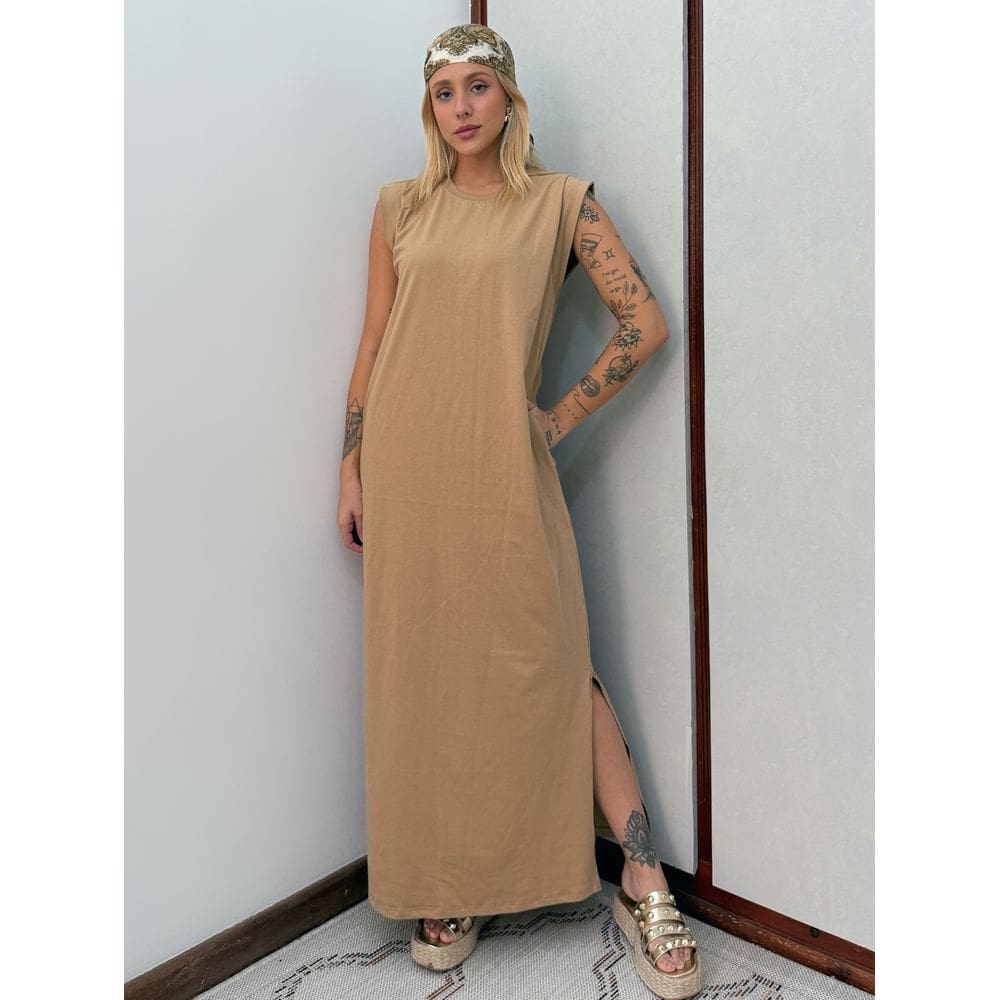 Vestido Longo Muscle Tee em Algodão com Bolso Aveloz Caramelo