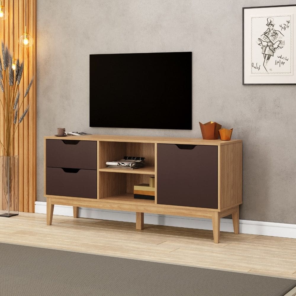 Rack para TV até 55 Polegadas 1 Porta 2 Gavetas com Pés de Madeira MB1096 Movelbento