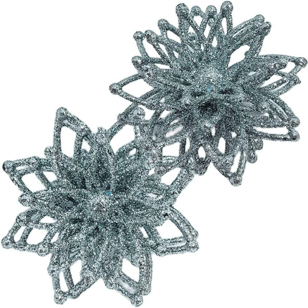 Pendentes Natalino Enfeite Flores Com Gliter Prata Kit 12pçs