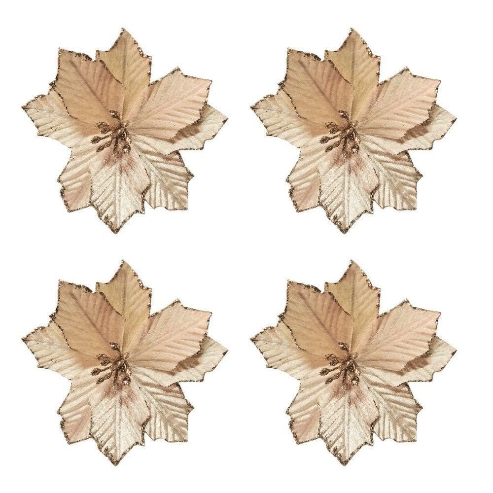 Kit 4 Flores Bico De Papagaio Pick Natalino Veludo Champanhe Glitter 13cm