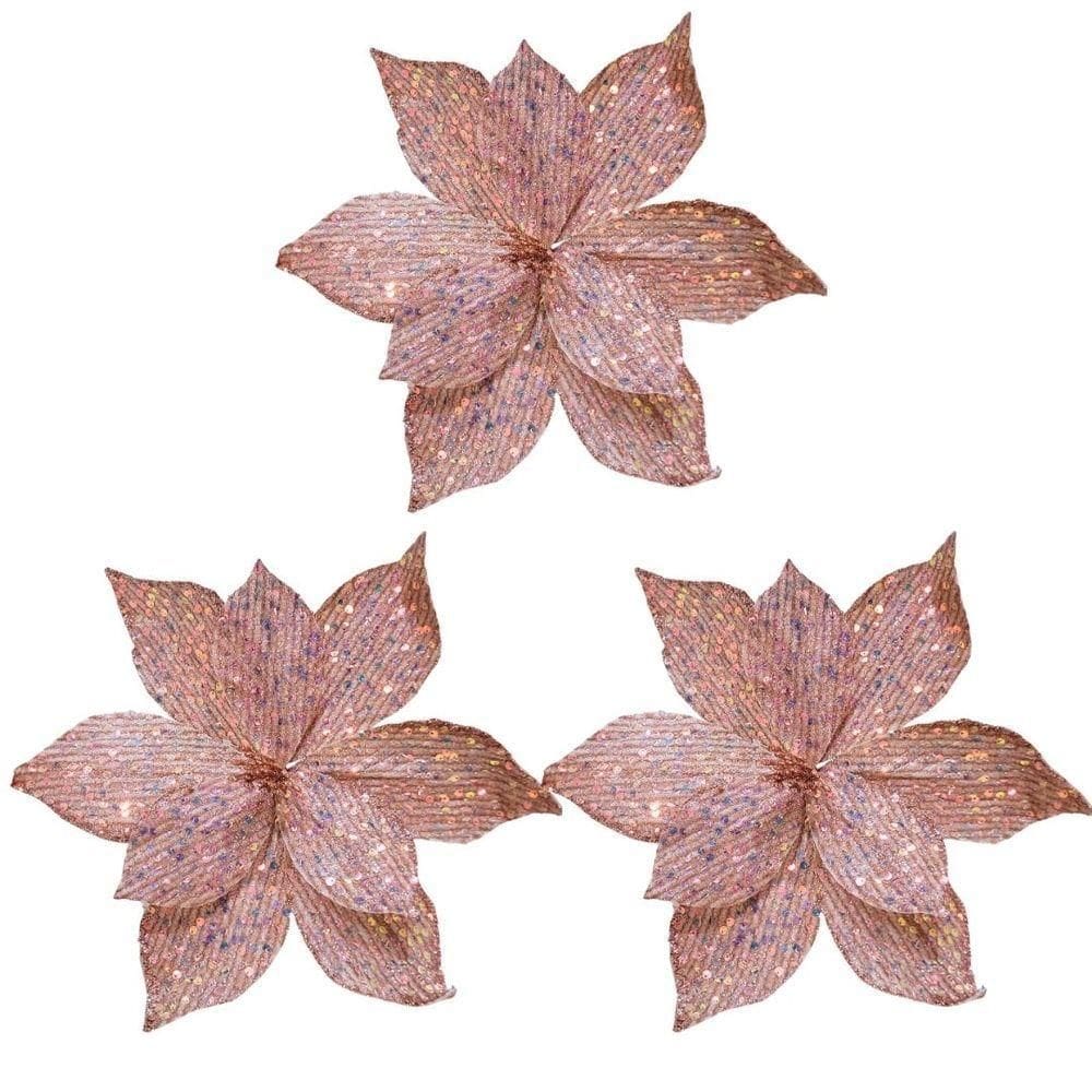 Kit 3 Flores Bico De Papagaio Pick Natalino Glitter E Lantejoulas Rosê Luxo 30cm