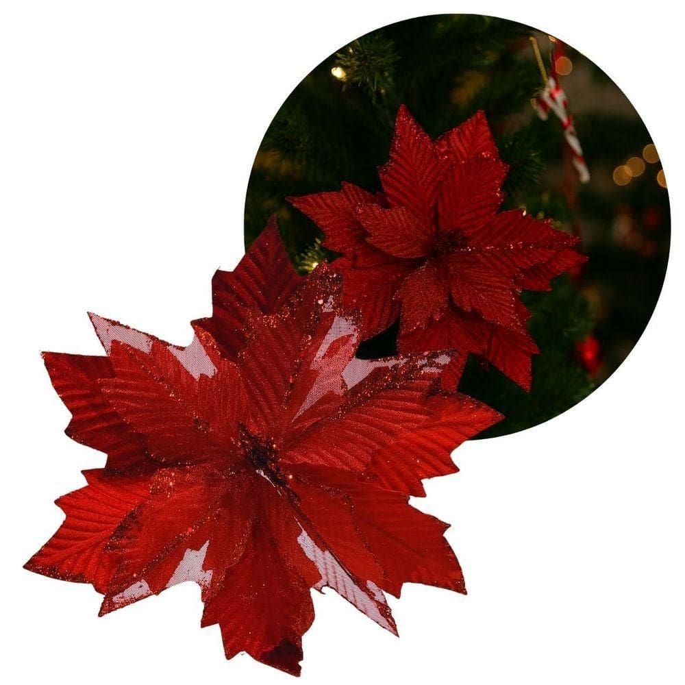 Flor Bico De Papagaio Natalino Pick Recort Veludo Vermelho Glitter Luxo 28cm