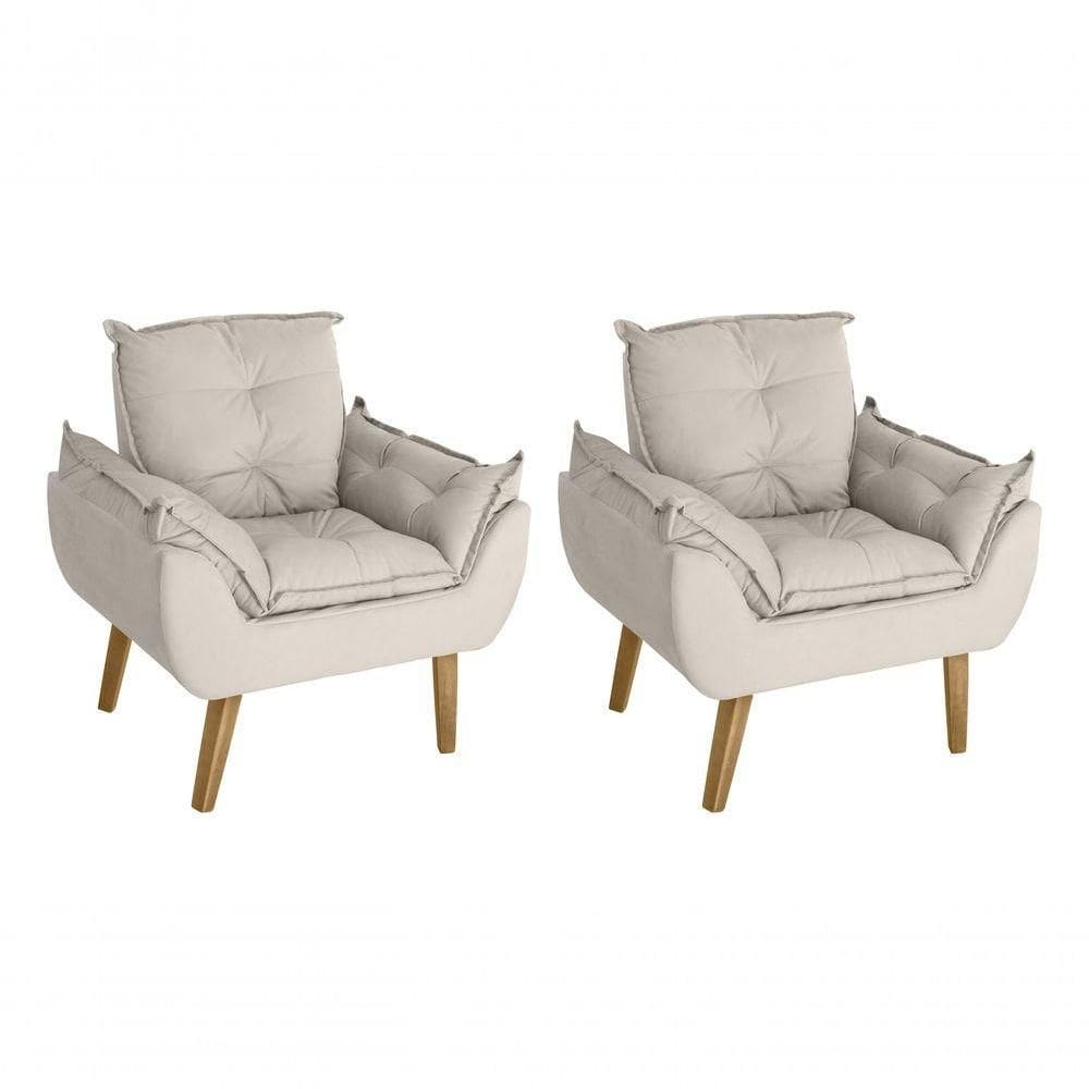 Kit 02 Poltrona Cadeira Decorativa Glamour Com Pés Quadrado Bege