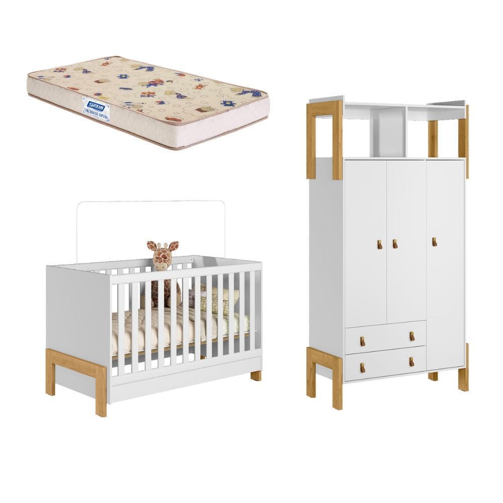 Quarto de Bebê Berço mini cama e Guarda Roupa 3 portas 2 Gavetas Fantasia Qmovi e Colchão Gazin