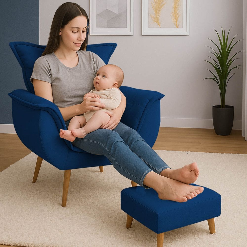 Poltrona De Descanso Alana Com Puff Suede Marinho