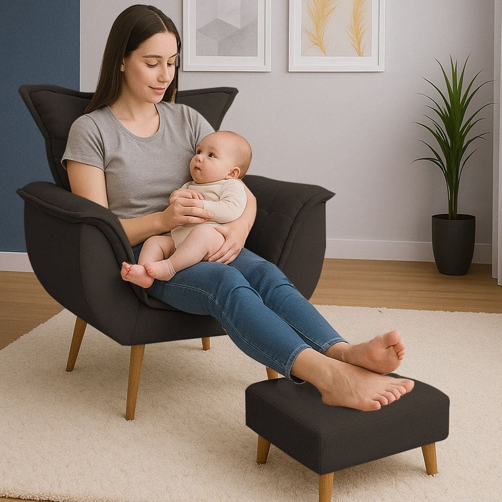 Poltrona De Descanso Alana Com Puff Suede Marrom