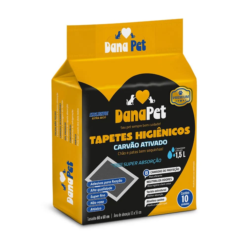 Tapete Higiênico Dana Pet Premium Carvão Ativado 60 X 60 Cm Com 10 Un
