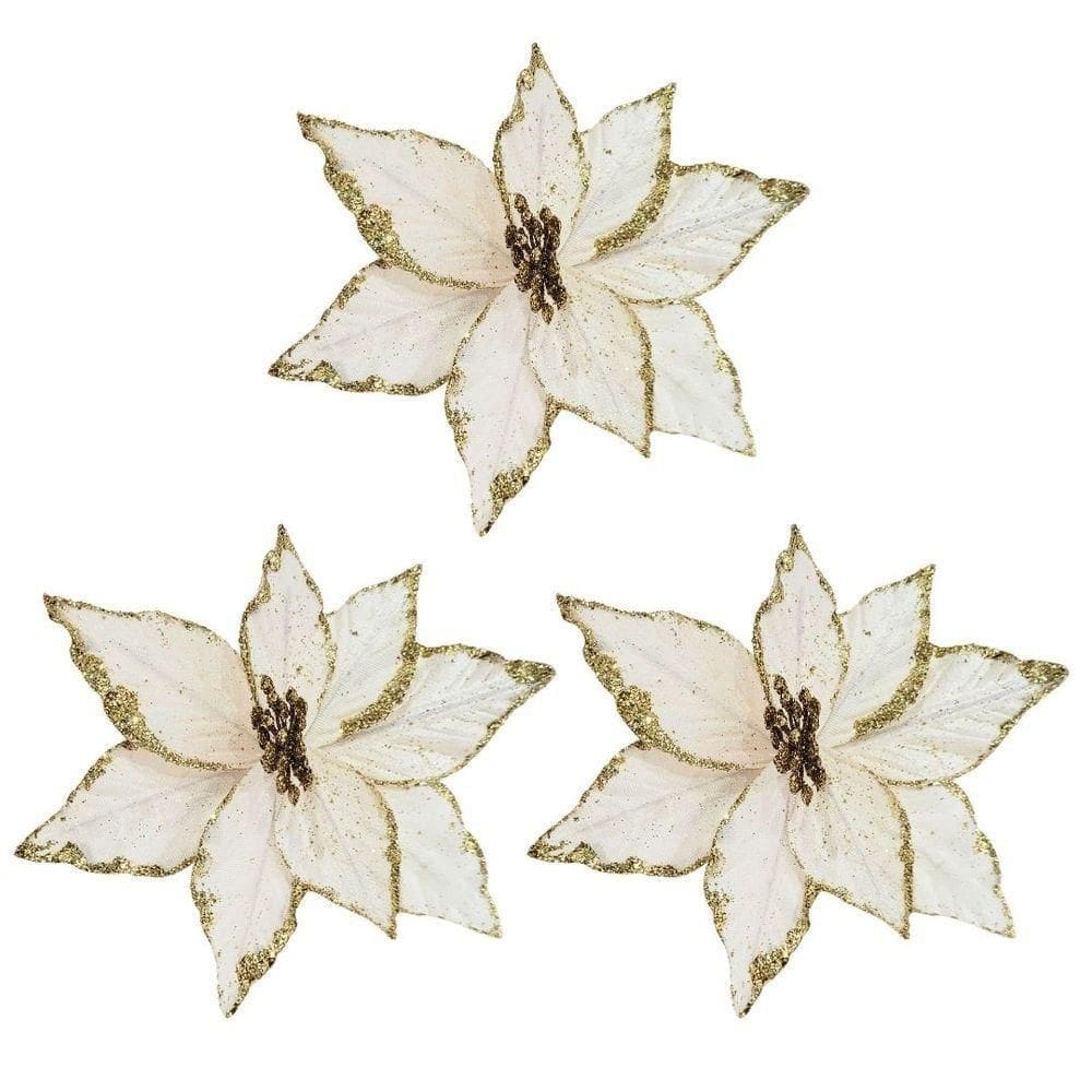 Kit 3 Flores Bico De Papagaio Natal Pick Veludo Champanhe Glitter Dourado 20cm