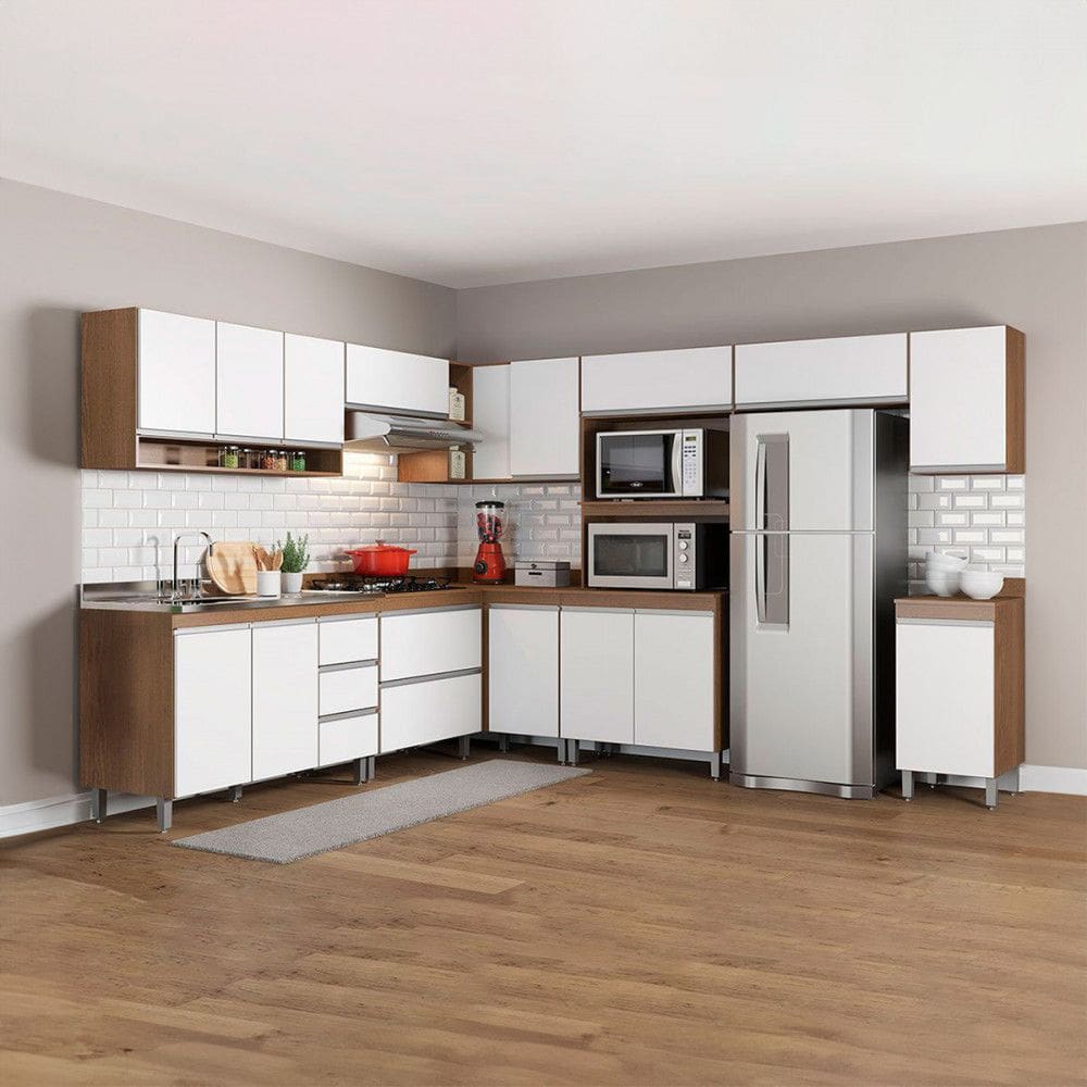 Cozinha de Canto Moderna Sabrina 252/294x202 Cm 10 Peças MDP Branco Menu Móveis