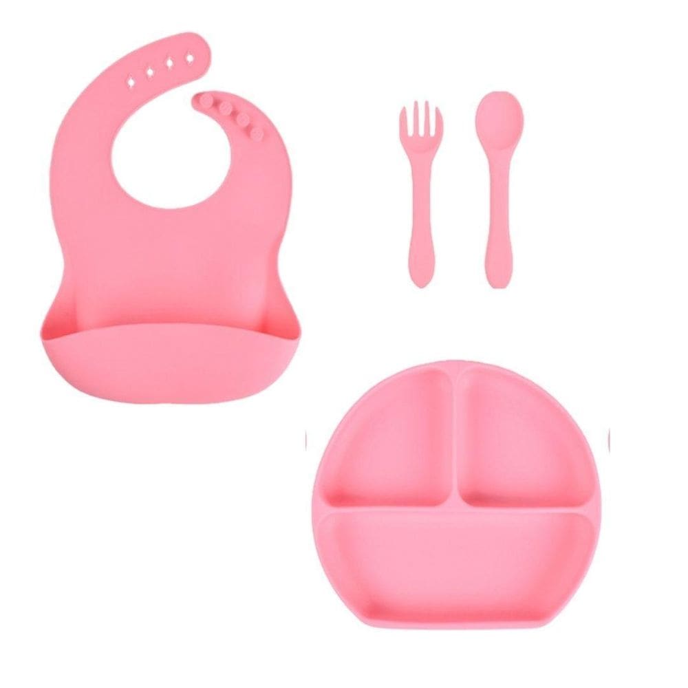 Babador Prato Com Divisória Talheres Luxo Silicone Rosa Baby