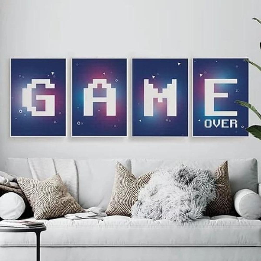 Kit 4 quadros gamer game over roxo 45x34cm - Moldura branca