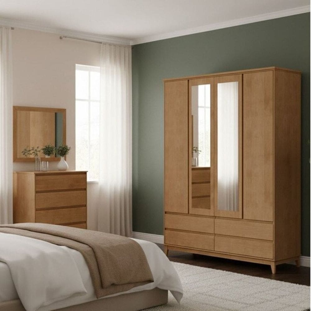 Conjunto Guarda Roupa + Cômoda 4 Gavetas + Moldura com Espelho -Madeira Maciça e MDF Finestra Móveis Freijó