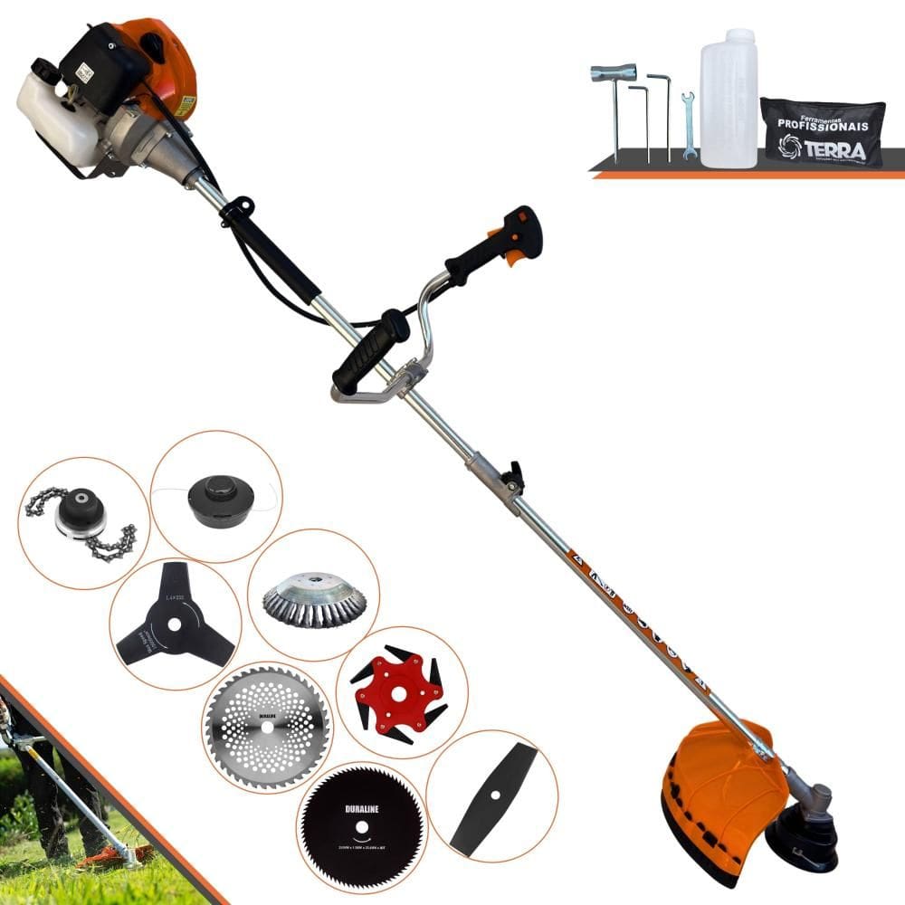 Roçadeira Terra GRHB430 Bi-Partida 2T 43cc 1,7HP Com Carretel + Facas 2 Pontas, 3 Pontas, 6 Pontas, 40 Dentes de Vídea, 80 Dentes, Trimmer e Escova
