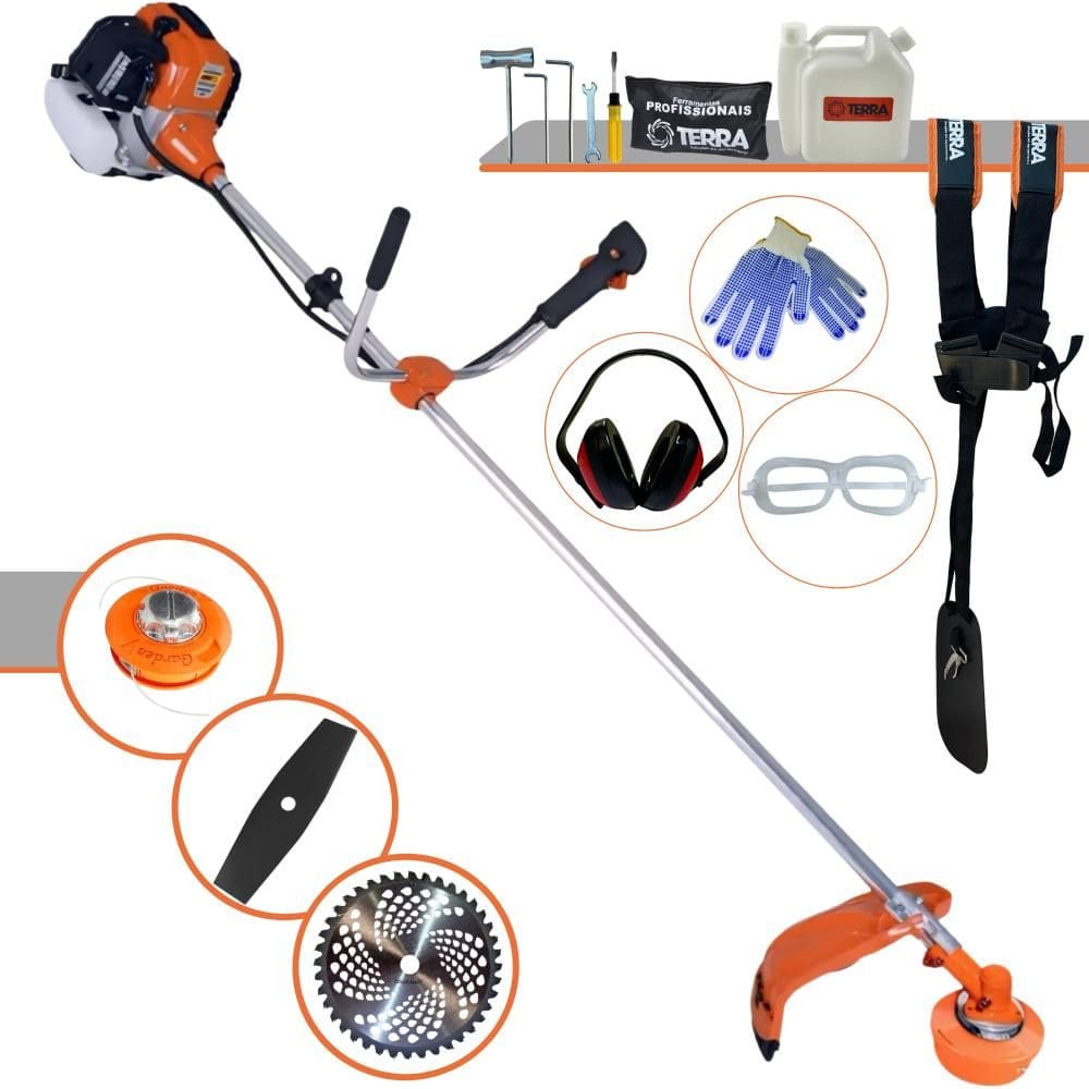 Roçadeira Terra GR520-XP À Gasolina 52cc 2,5HP 6.500rpm Máquina de Corta Grama Completa Com Carretel + Lâmina 40 Dentes Vídea + Lâmina 2 Pontas + EPI