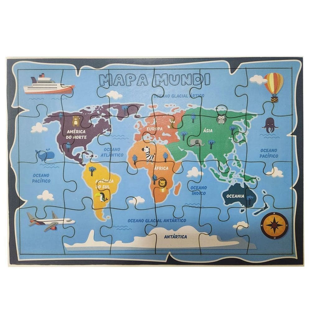 Quebra-Cabeça Madeira Mapa Mundi Brinquedo Educativo