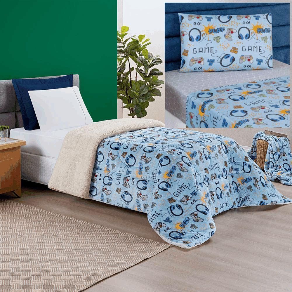 Coordenado Edredom E Lençol Diverkids Solteiro 4 Peças Game