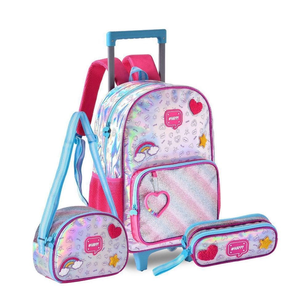 Kit Mochila Rodinhas Holográfico Happy Lancheira Estojo Azul