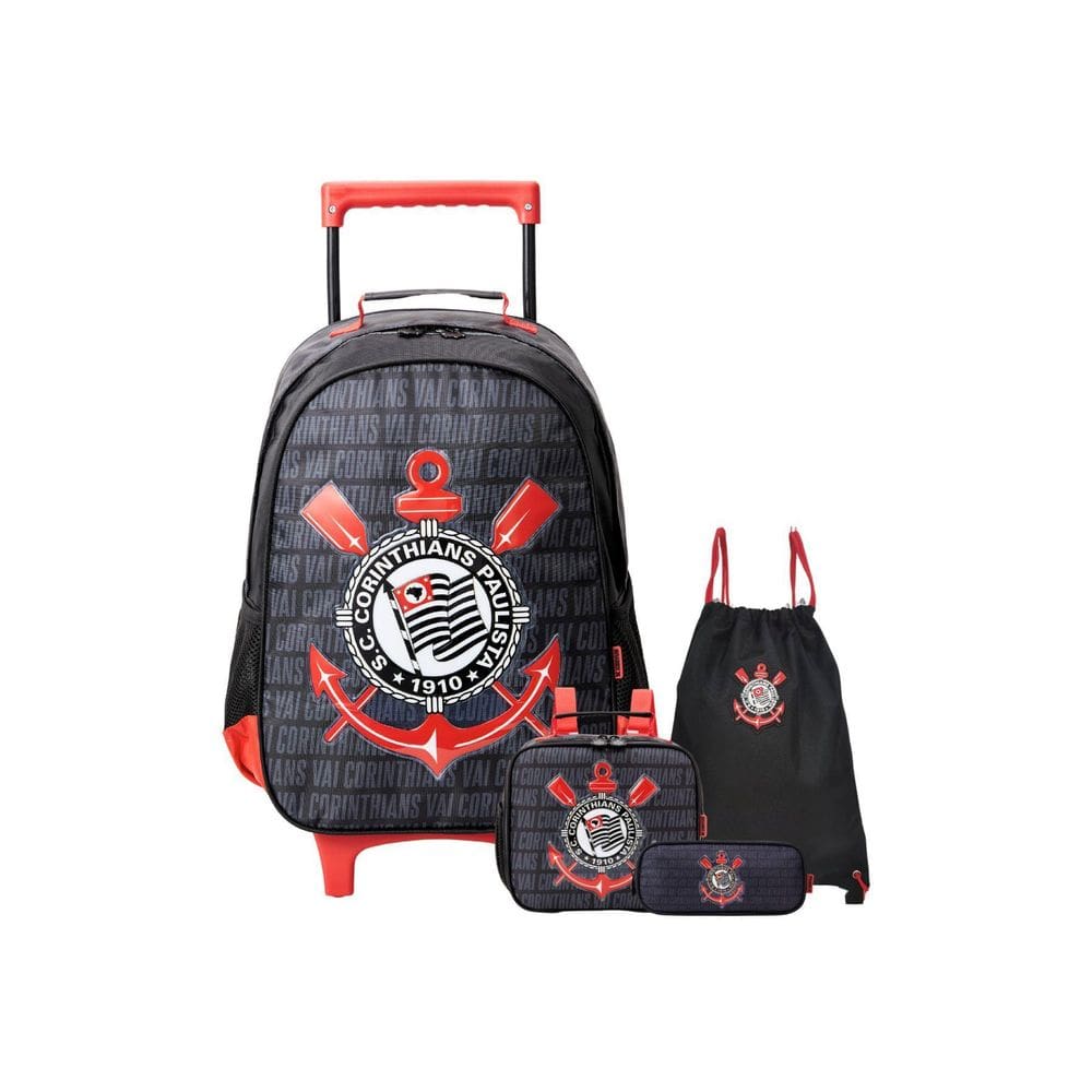 Kit Mochila Rodas+Lancheira+Estojo T+Bolsa Saco Corinthians