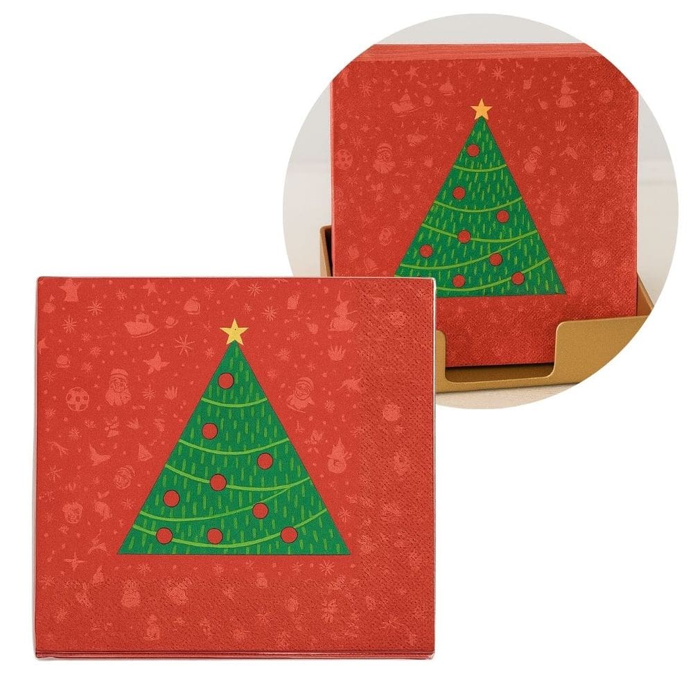 Guardanapo de Natal Estampado Vermelho Pinheiro Verde 25x25cm Folha Dupla Prime Pacote 20 Unidades