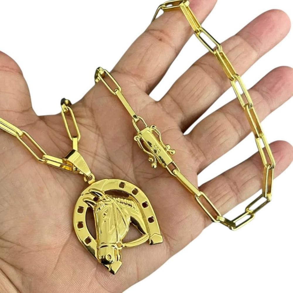 Cordão 6Mm Tijolinho + Pingente Ferradura- Banhado A Ouro
