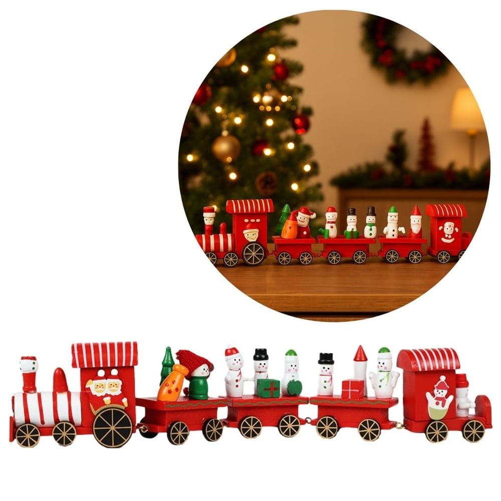 Trenzinho de Madeira Decorativo Natalino Candy 40cm com Boneco de Neve e Presentes