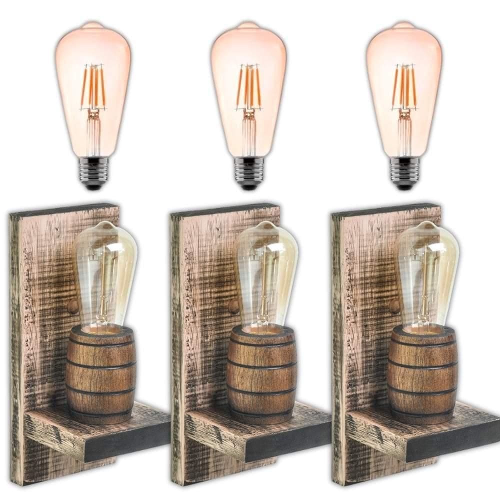 Kit 3 Arandelas Barril Delenha Decor Rústica + Lâmpadas