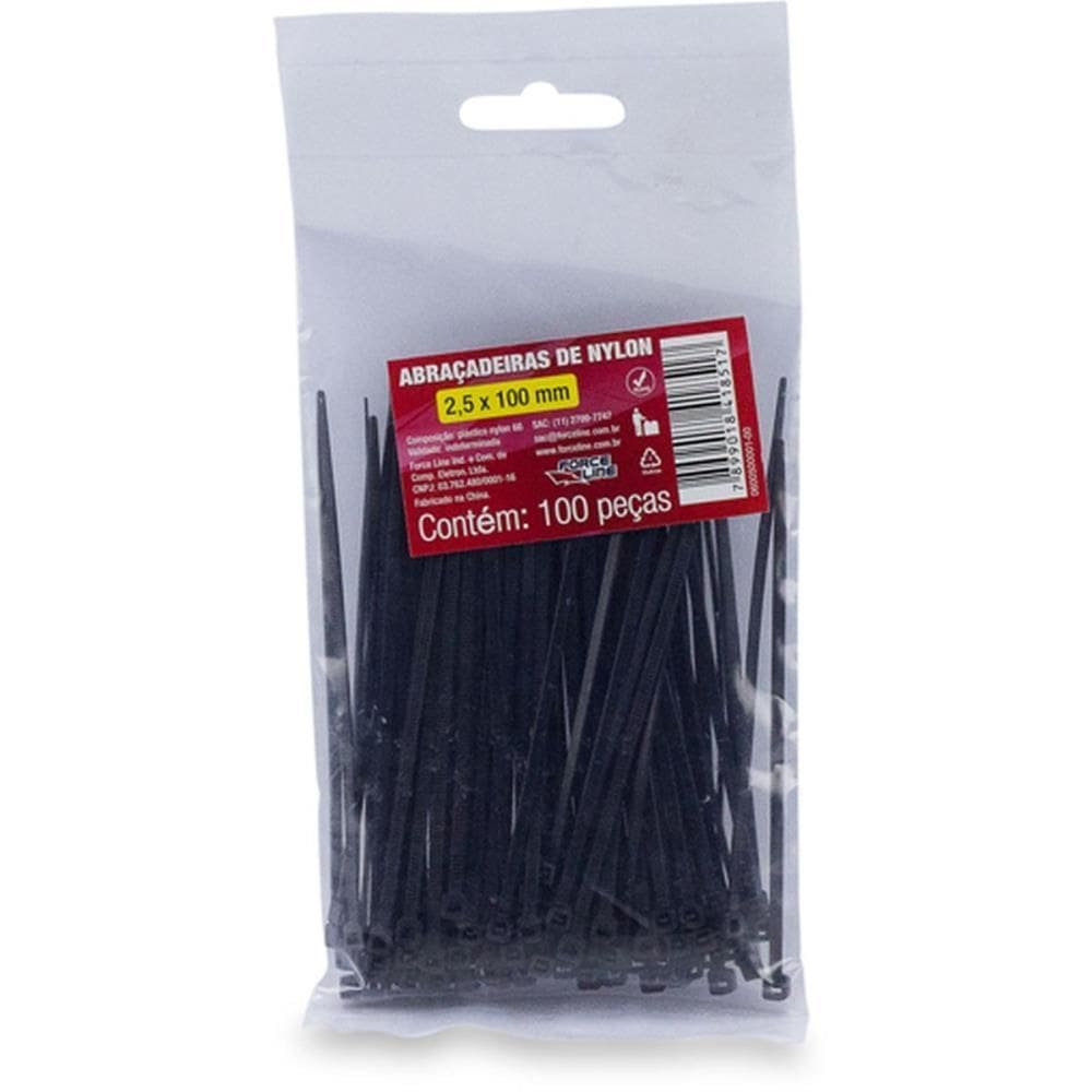 Abraçadeira Nylon Preta 2,5x100mm. 100 unid - Force Line