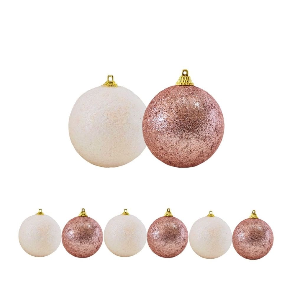 Jogo 6 Bolas de Natal Rosê Mistas Glitter e Flocada Luxo 8cm - Master Christmas