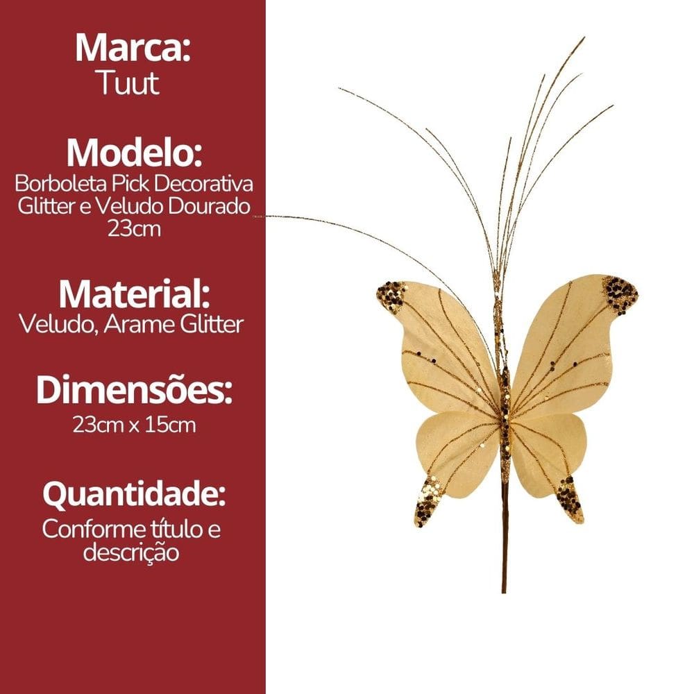Borboleta Pick Natal Dourado Full Glitter Lantejoulas Luxo 23cm