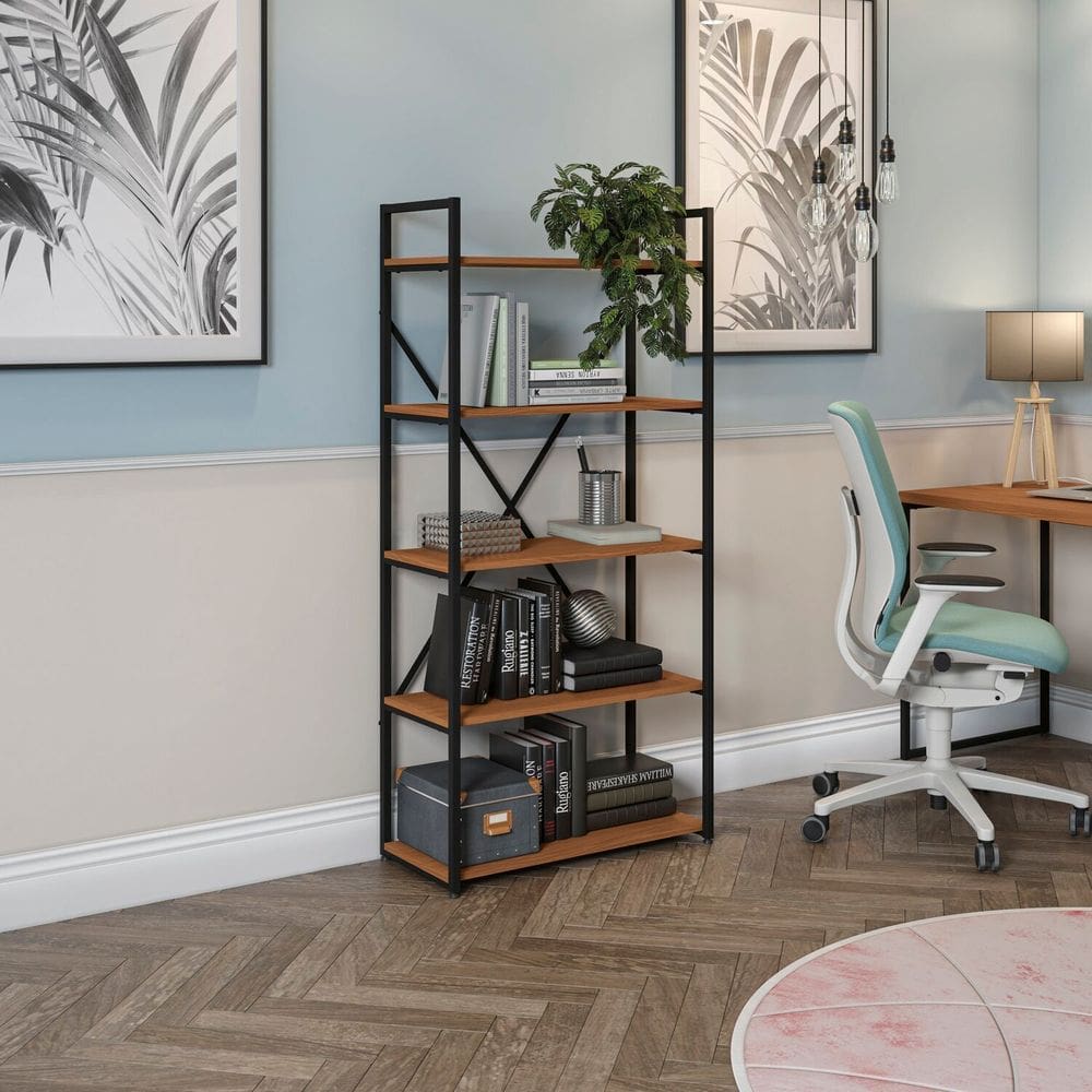 Estante para Livros Alta 5 Prateleiras 150cm X 72cm Industrial Canela/Preto Fosco