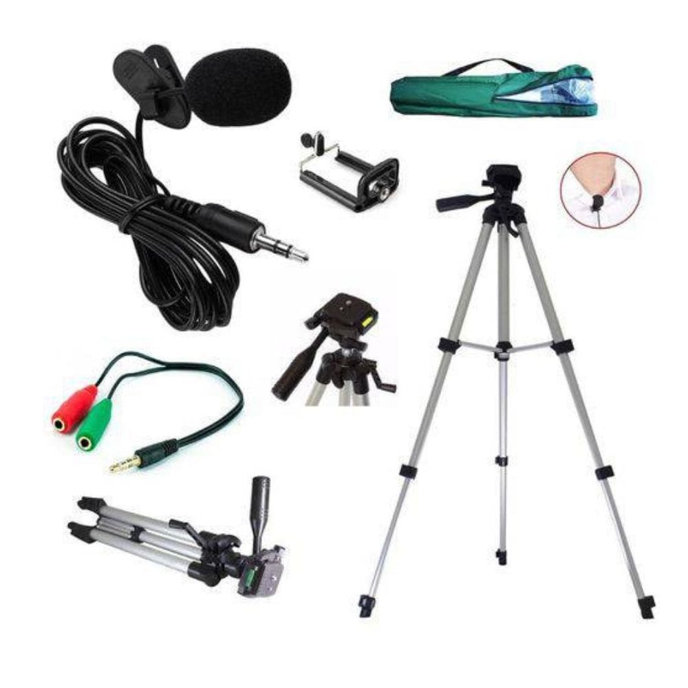 Kit Youtuber Microfone Lapela + Adaptador + Tripé 1,20m