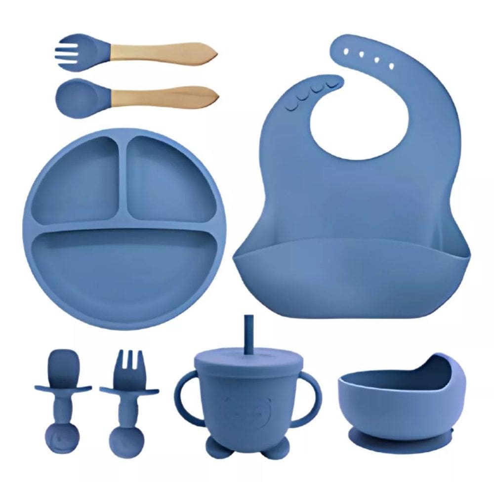Kit 8 Alimentaçao Bebe Silicone Azul