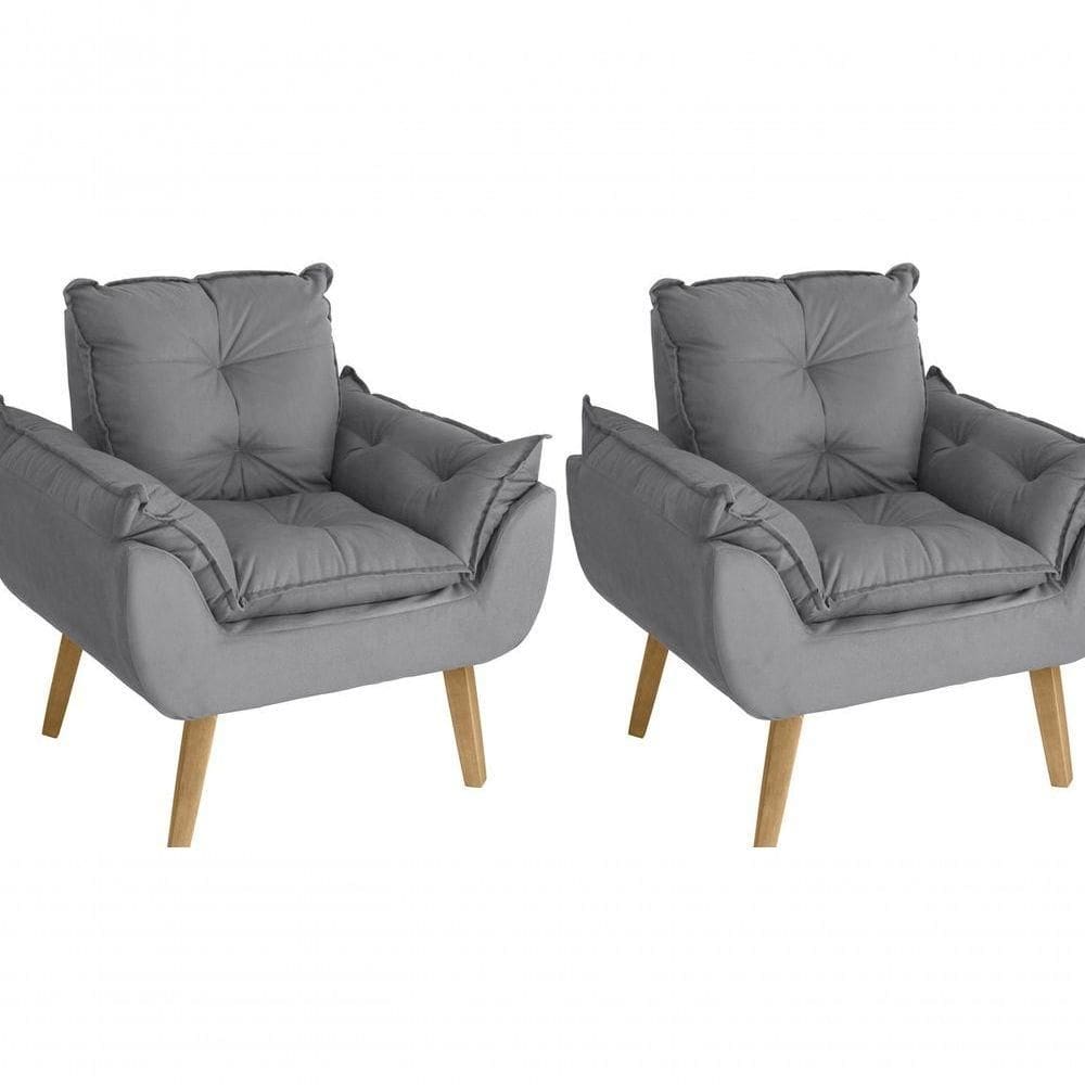 Kit 02 Poltrona Cadeira Decorativa Glamour Com Pés Quadrado Cinza