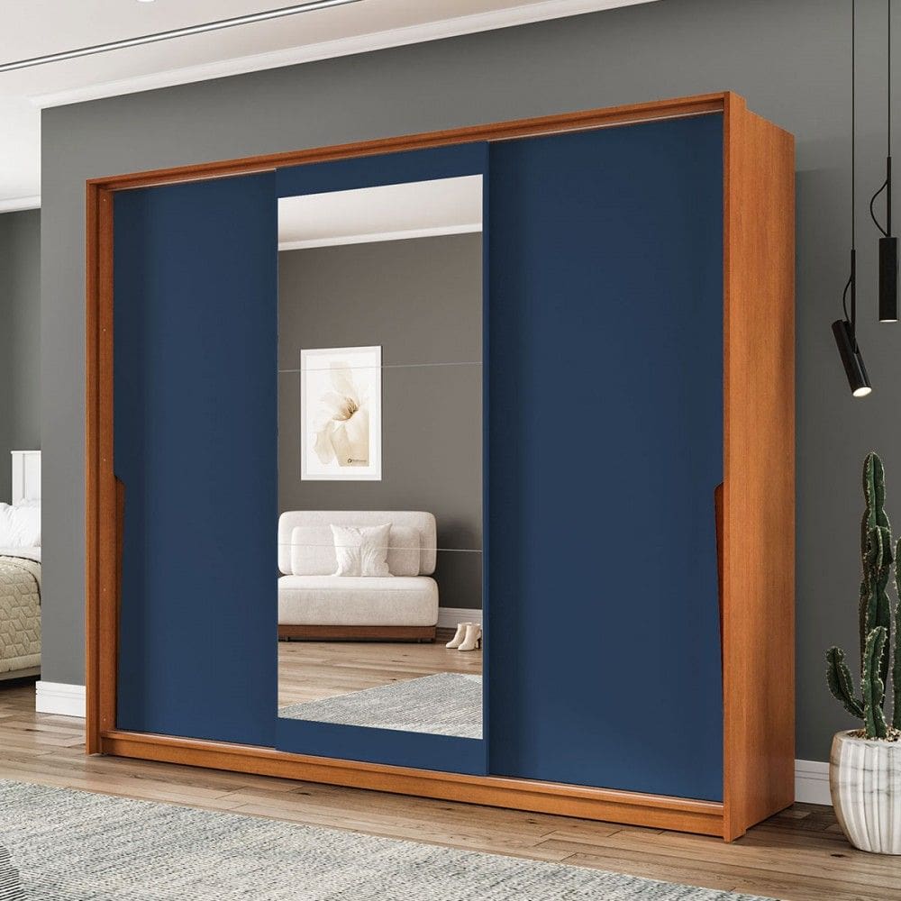 Guarda-Roupa Casal Porto 3 Portas 4 Gavetas com Espelho Freijó/Azul - Politorno