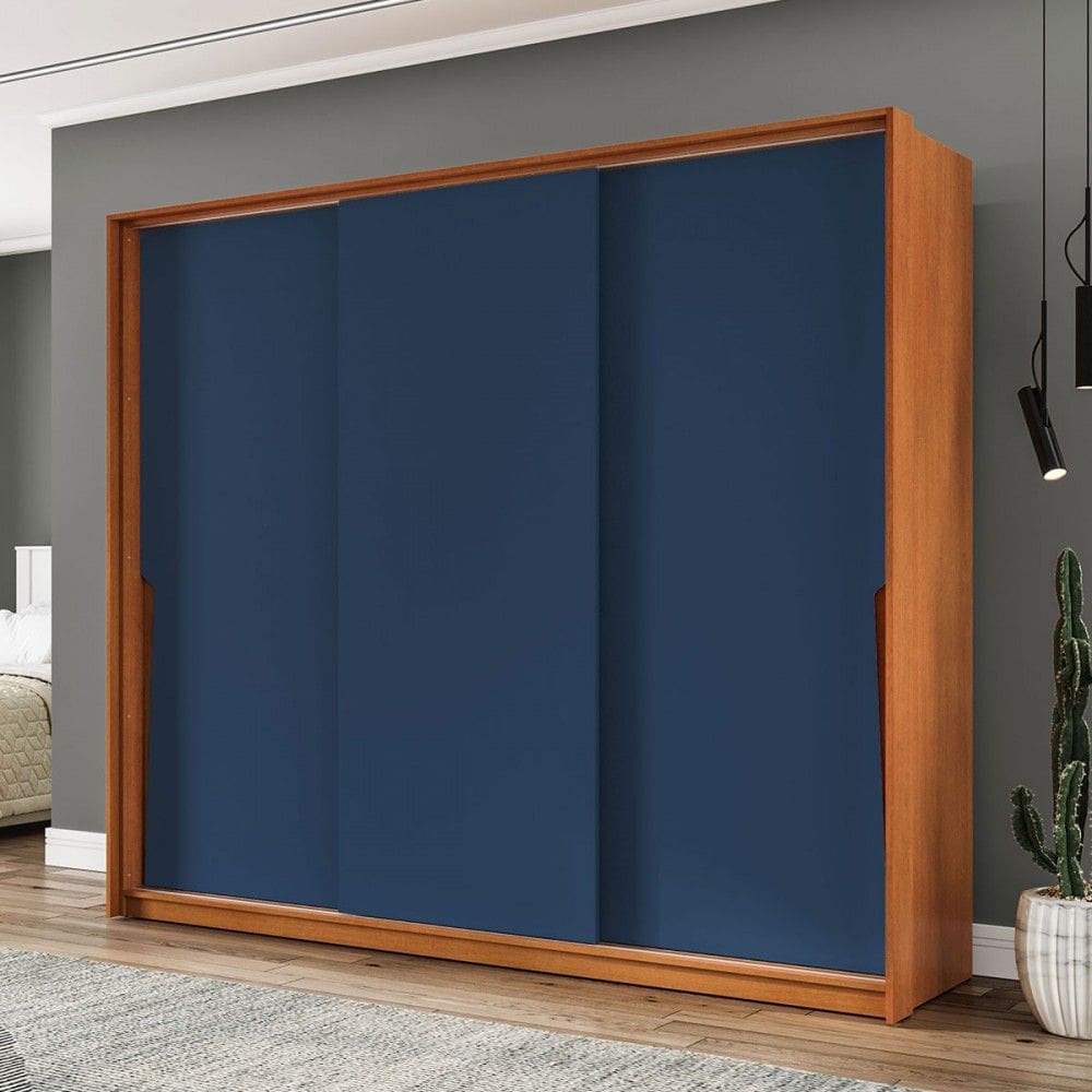 Guarda-Roupa Casal Porto 3 Portas 4 Gavetas Freijó/Azul - Politorno