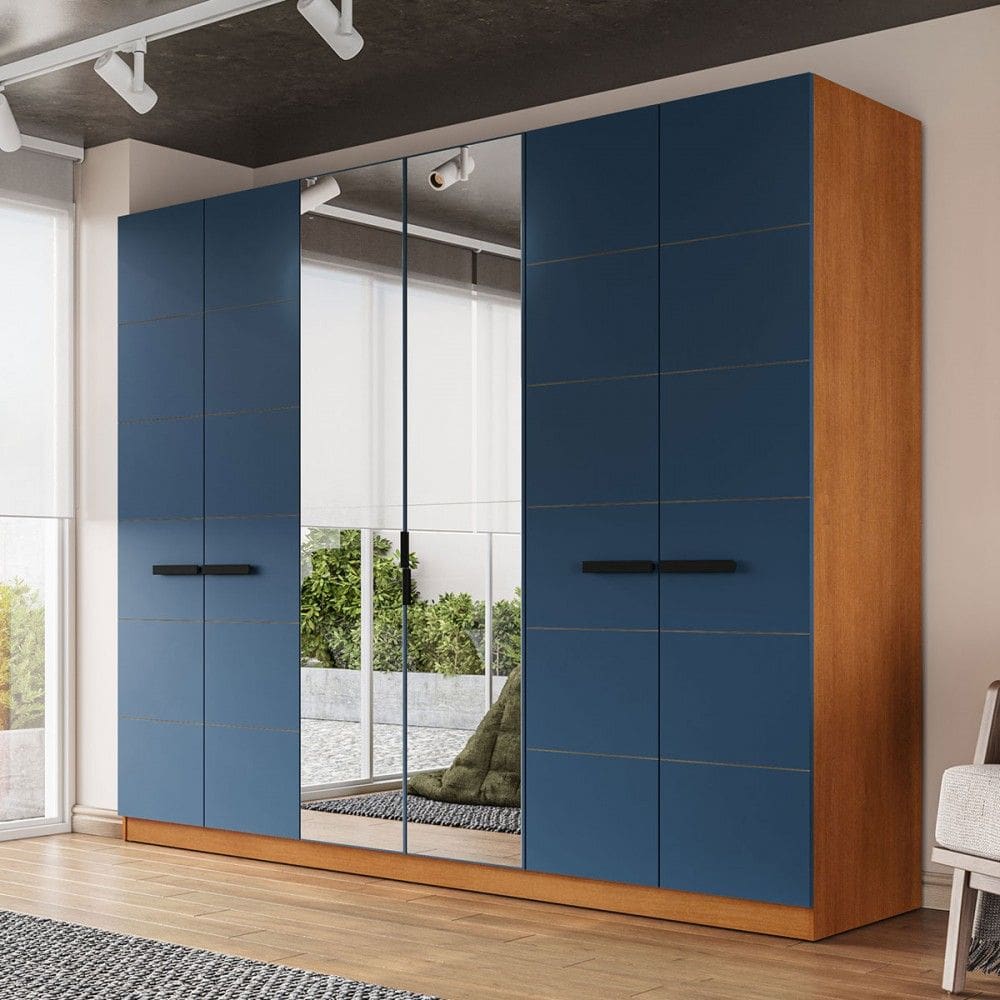 Guarda-Roupa Casal Lisboa 6 Portas 4 Gavetas com Espelho Freijó/Azul - Politorno